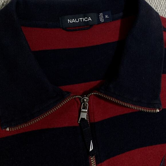 Nautica Vintage Quarter Zip Rugby Pullover Mens XL Red/Black Striped Sport Y2K - Picture 3 of 10